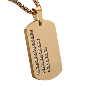 Luxurious gold stainless steel dog tag necklace with three rows of sparkling white zircons