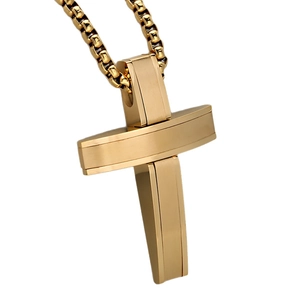 Modern gold stainless steel 3D cross pendant with brushed finish and box chain