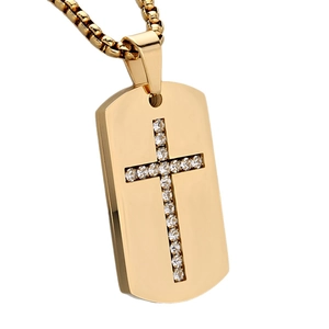 Collana a piastrina in oro lucido con ciondolo a croce di cristallo e catena veneziana