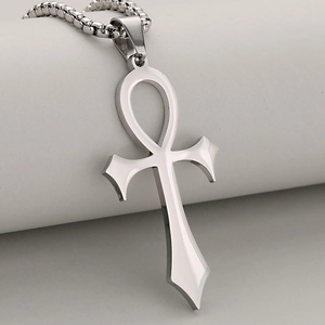 Colgante de cruz egipcia Ankh en acero inoxidable plateado con cadena de eslabones