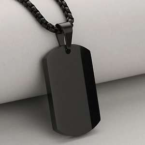 Minimalist black stainless steel dog tag necklace with a chunky box chain for men