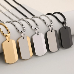 Industrial stainless steel dog tag necklaces in gold, silver, and black matte finish