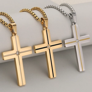 Klassieke roestvrijstalen kruishanger kettingset met zirkoonstenen in goud en zilver