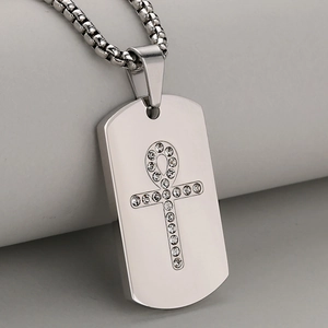Brushed stainless steel military dog tag pendant with rhinestone Ankh cross for men