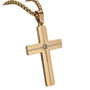 Klassieke tweekleurige goud en zilver roestvrijstalen kruis hanger ketting met zirkoon