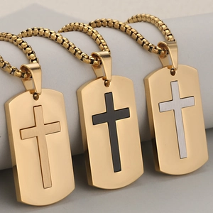 Three gold stainless steel dog tag necklaces with black and silver cross pendants