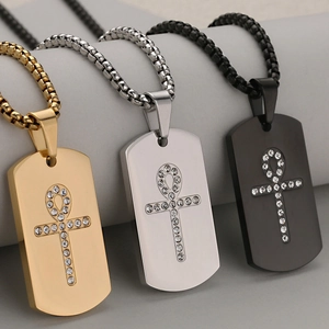 Men's stainless steel Ankh cross dog tag necklaces in gold, silver, and black metal