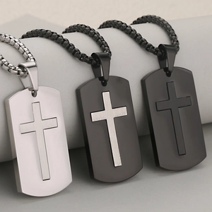 Men's stainless steel cross military pendant necklace in silver, black and bicolor styles