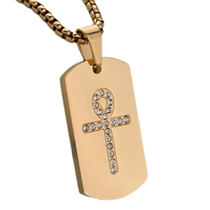 Brushed gold dog tag necklace with crystal Ankh symbol and elegant box chain