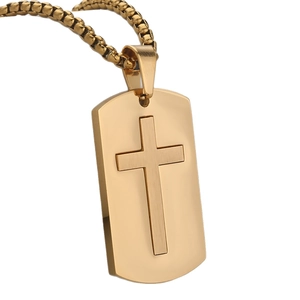 Polished gold stainless steel cross dog tag pendant necklace with box chain for men