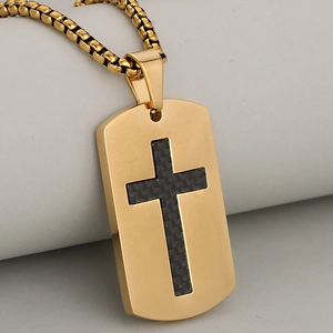 Men Stainless Steel Cross Military Dog Tag Pendant Necklace Carbon Fiber Texture Hip Hop Fashion Jewelry For Daily Gift