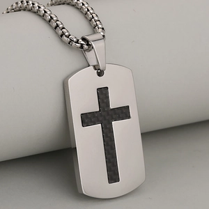 Men's stainless steel cross tag necklace with black carbon fiber inlay on a box chain