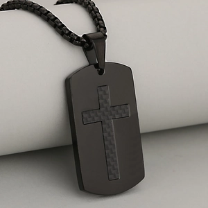 Men's black stainless steel military tag necklace with carbon fiber cross inlay