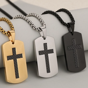 Men's hip-hop stainless steel cross dog tag necklace with carbon fiber inlay in three colors