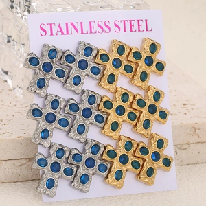 Set di 12 orecchini a croce in acciaio inossidabile con cristalli blu in oro e argento