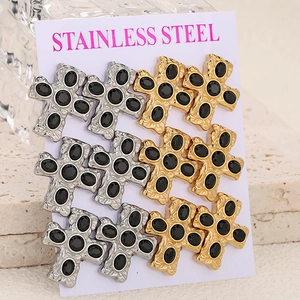 Set di 12 orecchini vintage in acciaio inossidabile con cristalli neri in oro e argento