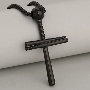 Collier avec pendentif croix baseball en acier inoxydable noir poli pour hommes