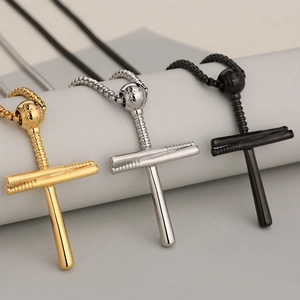 Colliers croix batte de baseball pour hommes en acier inoxydable or, argent et noir