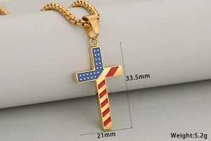 Detailed view of US flag cross pendant with 33.5mm height and 21mm width dimensions