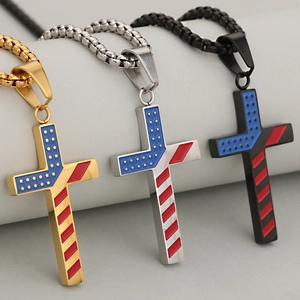 Polished stainless steel USA flag cross necklaces in gold, silver, and black finish