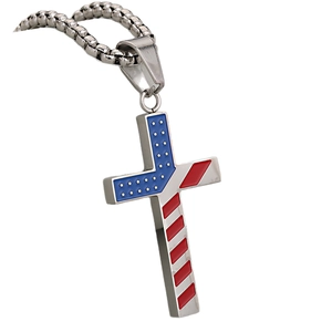 Stainless steel cross necklace with American flag enamel pattern on a white background