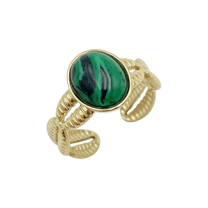 Vintage vergulde roestvrijstalen open ring met een ovale groene malachietsteen