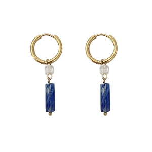 Bohemian gold hoop earrings with blue marble stone and clear faceted crystal pendant