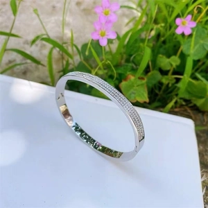Polished silver stainless steel bangle with double row of clear cubic zirconia crystals