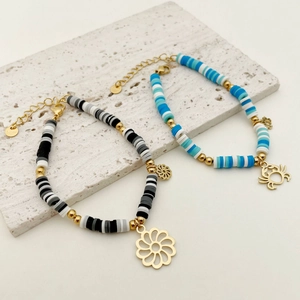Bracelets en perles Heishi colorées avec breloques tournesol et crabe en acier inoxydable