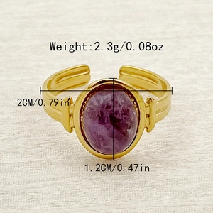 Detail van ovale paarse edelsteen ring met goudvergulde verstelbare band en maten