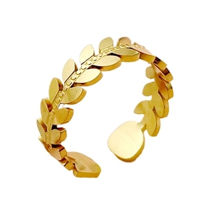 Bague ouverte chic en acier inoxydable doré en forme de feuille de laurier ajustable