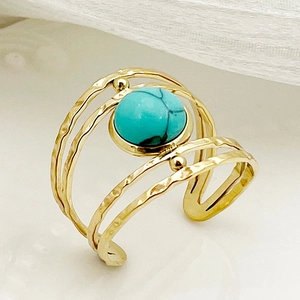 Bague Ouverte Tournesol en Acier Inoxydable Bohème pour Femme Vintage Martelée Multicouche Ajustable avec Pierre Incrustée Bijoux de Mode