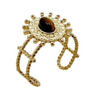 Bague vintage tournesol dorée avec pierre brune ovale et anneau réglable en acier