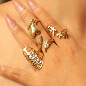 Bague Vintage en Acier Inoxydable Plaqué Or Arbre de Vie Fleur Feuille Coeur Bague Ouverte pour Femme Bijoux