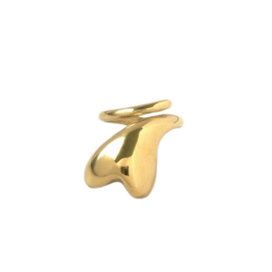Bague en acier inoxydable doré poli avec un design minimaliste de cœur et feuille bio