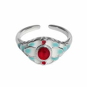 Verstellbarer Silberring mit rotem Edelstein und blauem Emaille-Blumenmuster
