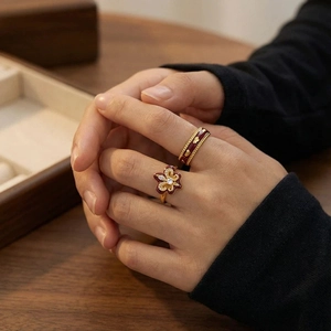Vintage style wine red enamel iris flower open ring set with zircon stones for women