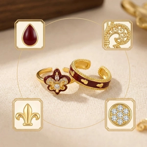 Detailed macro view of the gold-plated iris flower and red enamel heart rings
