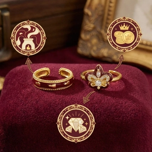 Detail of vintage gold open rings with red enamel hearts and fleur-de-lis crystal patterns