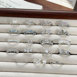 Exquisite collection of silver open rings with butterfly, star, and flower zircon designs