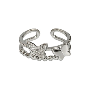 Elegant silver butterfly open ring with sparkling crystals and beaded double layer band