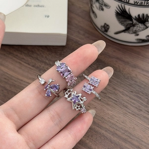 Elegantes lila Zirkon Blumen und Schmetterling Silberring Set für Damen stapelbar