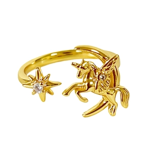 Anillo abierto vintage dorado con diseño de unicornio y estrella brillante con circonitas