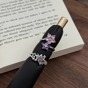 Detail von lila Zirkonia-Blumen- und Sternringen auf schwarzem Leder und Buch
