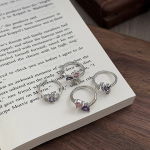 Detail von vier versilberten Ringen mit lila und rosa Zirkonia auf Buchseiten