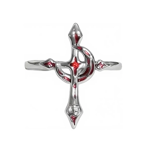 Gothic Bloedmaan Kruis Open Ring met Rood Emaille en Gepolijste Zilveren Afwerking
