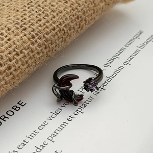 Gothic gunmetal adjustable ring featuring a dark red crescent moon and purple crystal star