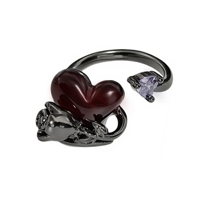 Gothic gun black snake heart thorn open ring with red and purple crystals and rose