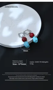 Detail of red agate and turquoise drop earrings in silver plated copper, size 19x9mm