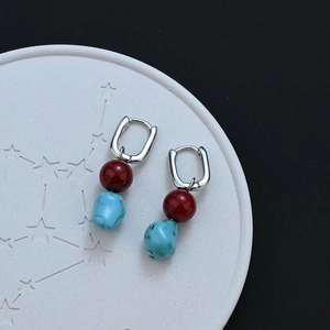 Ethnic Tibetan Style Red Agate Faux Turquoise Dangle Earrings For Women Bohemian Vintage Copper Huggie Hoops Jewelry